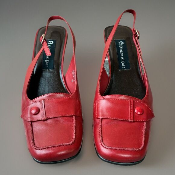 Etienne Aigner Ahoy Square Toe Red Sling Back Heels Women’s Size 7.5 - Picture 1 of 8